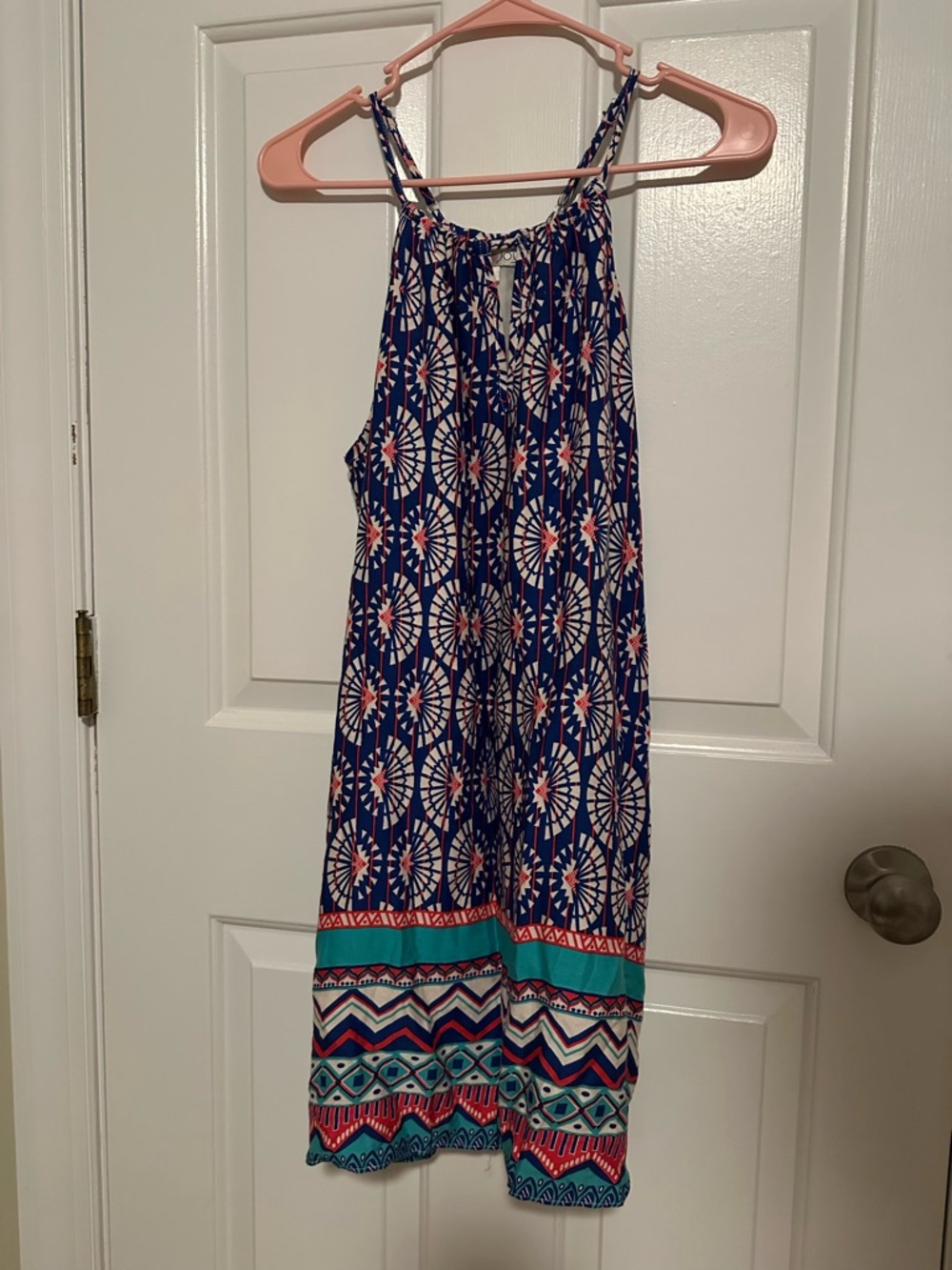 Joy Joy Navy Blue Patterned Mini Dress with Teal and Coral Accents